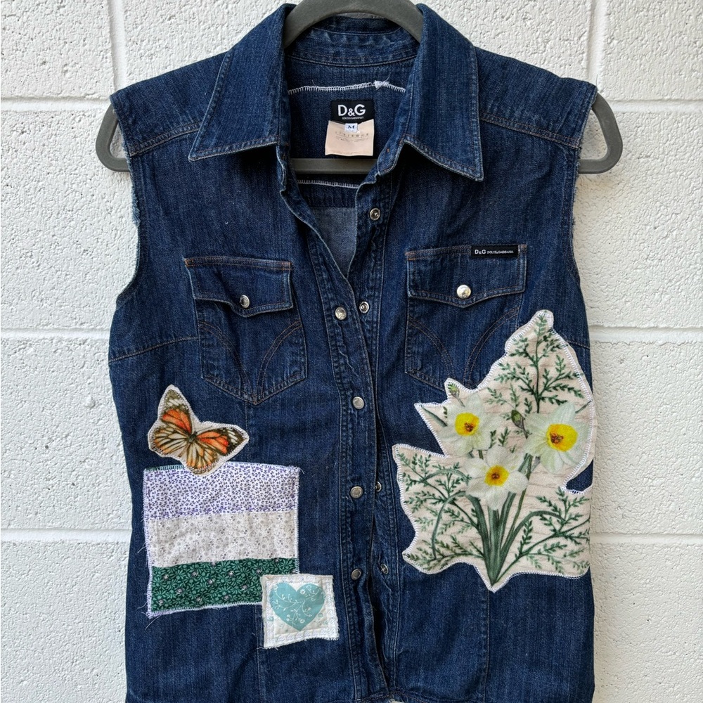 Upcycled Dolce and Gabbana Denim Vest with Floral Patches - Picture 5 of 10